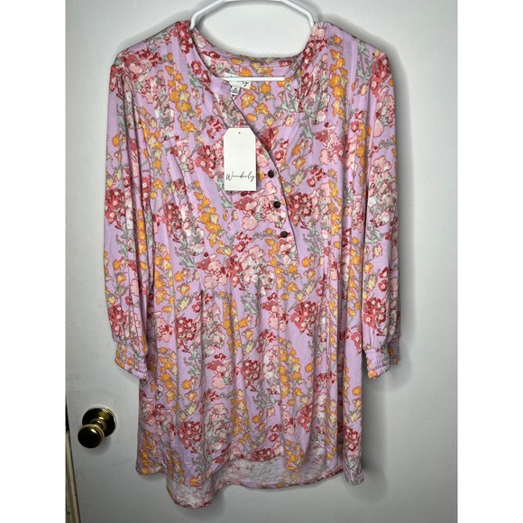 Wonderly Tops - Wonderly Plus Size 1X Floral Print Purple Pink Yellow Long Sleeve Tunic‎ Top nwt